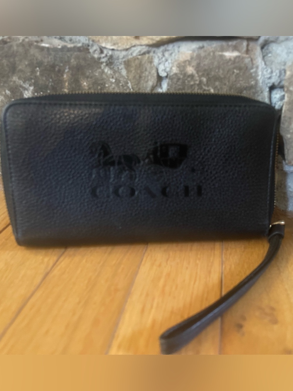 Coach Black Embossed Leather Zip Wristlet with Strap